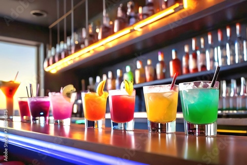 multi-colored cocktails on the bar counter.  blurred background.  bar.