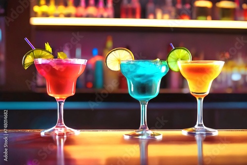multi-colored cocktails on the bar counter.  blurred background.  bar.