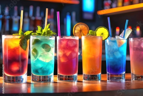 multi-colored cocktails on the bar counter.  blurred background.  bar.