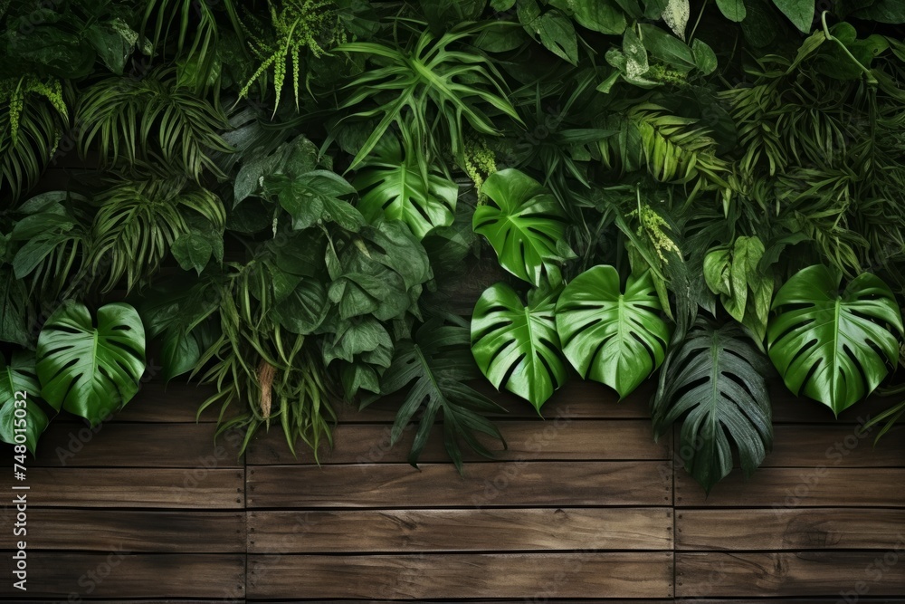 wood background, graced by the charm of Monstera