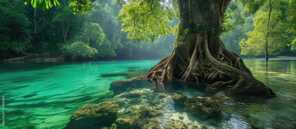 A large tree stands tall in the middle of a river, its trunk reaching down into the serene water, showcasing the beauty of nature at its finest.