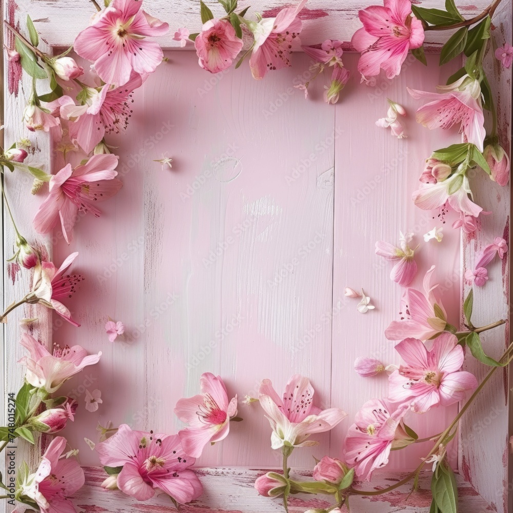 Fototapeta premium wooden frame adorned with a burst of vibrant flowers
