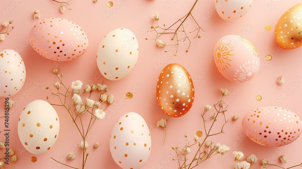 Hand painted Easter eggs on pastel pink background. Easter celebration concept.