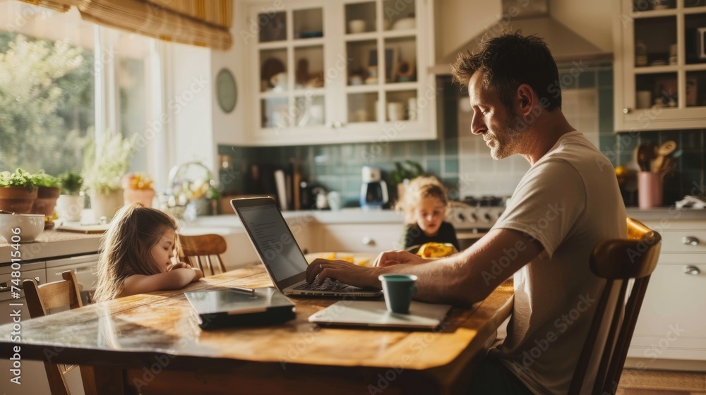 Balancing Work and Life at Home: parent working on a laptop at a kitchen table while children play nearby Balancing Work and Life at Home: parent working on a laptop at a kitchen table while children play nearby