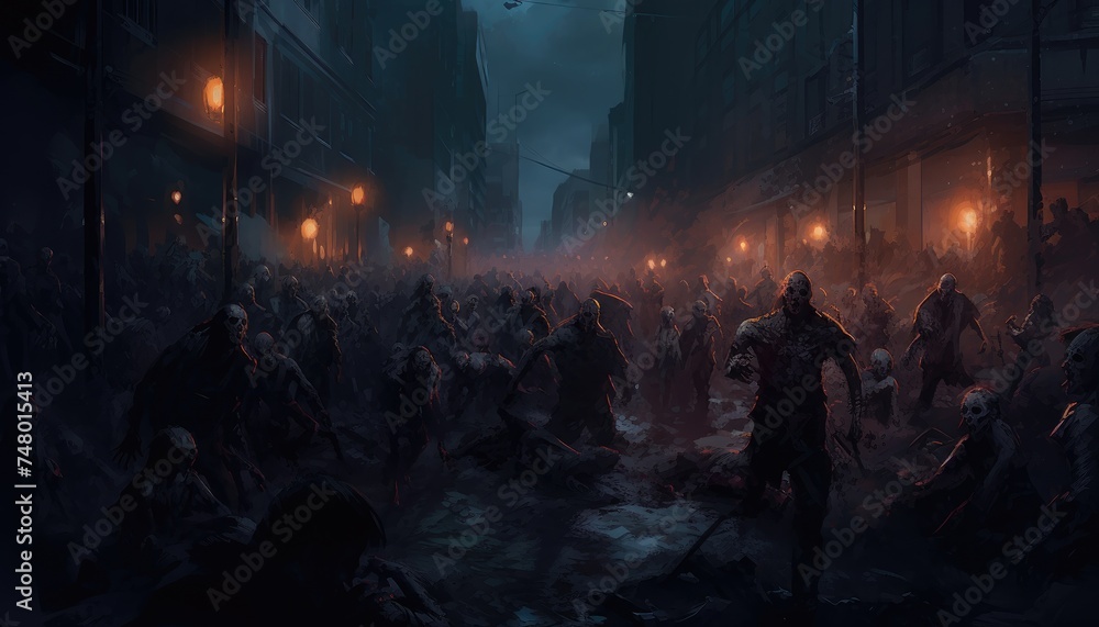 zombie crowd walking at night,halloween - obrazy, fototapety, plakaty 
