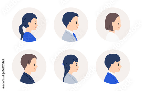 ビジネスパーソン男女の右横向き顔アイコンセット【人物ベクターイラスト素材】