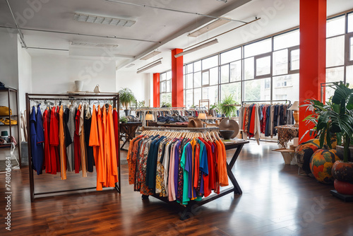  second-hand vintage store with colorful fashion and chic decor. photo