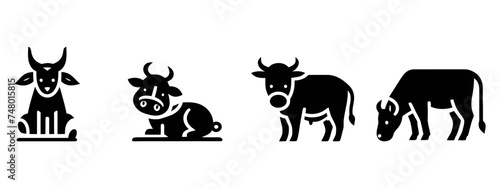 Set of cows. Black silhouette cow isolated on white. Hand drawn vector illustration.