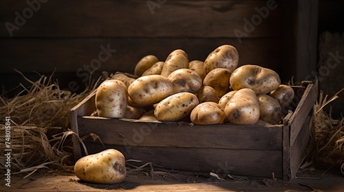 potatoes in a wooden box. Neural network AI generated art
