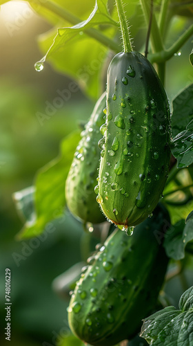 Cucumbers in a garden  Morning light  Dew-covered  Lush green background