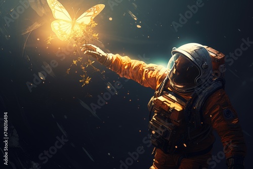 The astronaut reaching out to catch the glowing butterfly in the sky