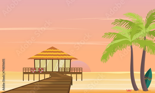 Beach hut or bungalow on tropical island resort with wooden bridge at sunset. Vector illustration.