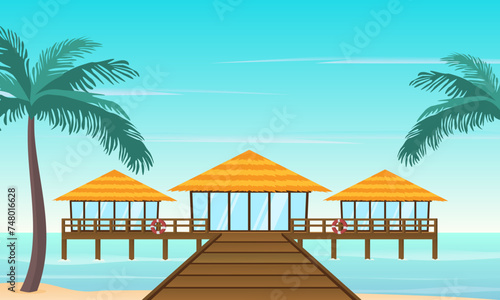 Beach hut or bungalow on tropical island resort with wooden deck. Vector illustration.