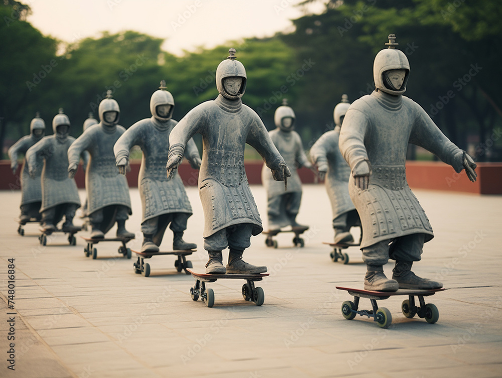 Obraz premium Skateboarders performing tricks among the Terracotta Army using smartphones to navigate and record