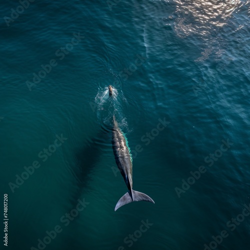 Dolphin in the blue water. Aerial view of a solitary Bottlenose Dolphin. © Rezaul
