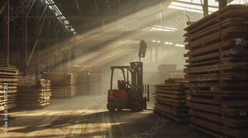 Forklift stacking planks inside lumberyard warehouse