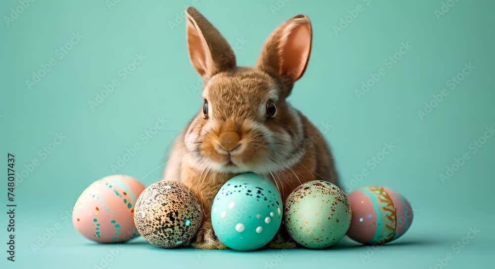 Realistic rabbit with painted Easter eggs on pastel green background. Decorative festive object. Holiday Spring Easter background. Funny 4k video Easter bunny spring decoration copy space creative Realistic rabbit with painted Easter eggs on pastel green background. Decorative festive object. Holiday Spring Easter background. Funny 4k video Easter bunny spring decoration copy space creative