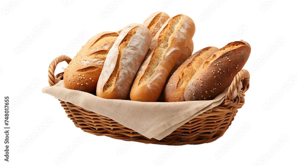 Breads in Basket Realistic Portrait Isolated On Transparent Background Or PNG Background.