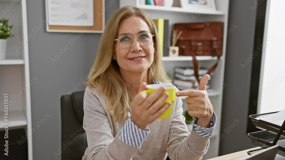 Mature blonde woman gesturing thumbs up while holding mug in office setting
