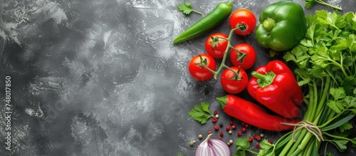 A variety of fresh vegetables such as red bell peppers, green chilies, cherry tomatoes, and onions are neatly arranged on a rustic wooden table. The colorful produce is ready for cooking or snacking.