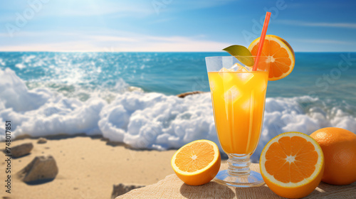 Glass of orange juice with ice, umbrella, and fruit.