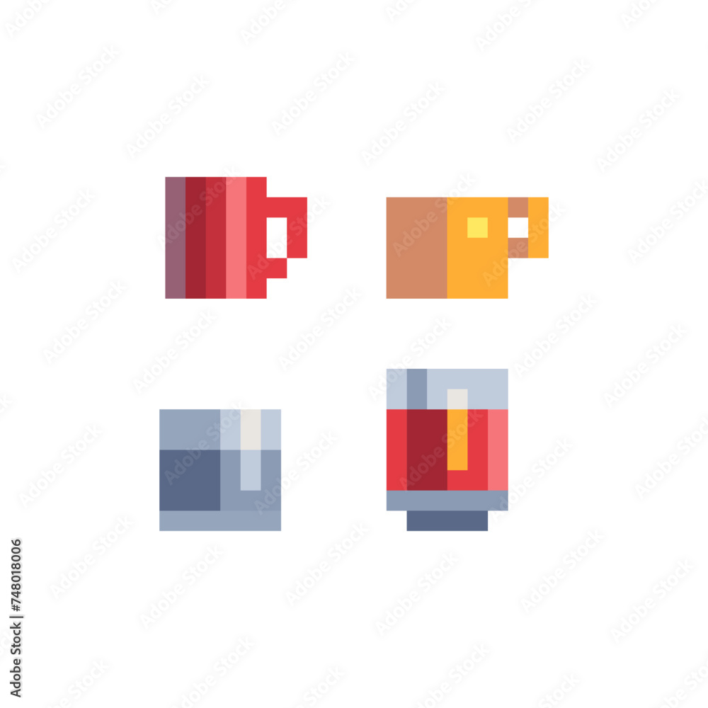 Cup for tea, juice and coffee icons set. Pixel art. Isolated vector illustration. Retro video game sprite. Old school computer graphic style. Cup for tea, juice and coffee icons set. Pixel art. Isolated vector illustration. Retro video game sprite. Old school computer graphic style.