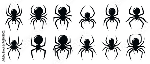 Set of black silhouette spider icon isolated on white background. Top,side and front view