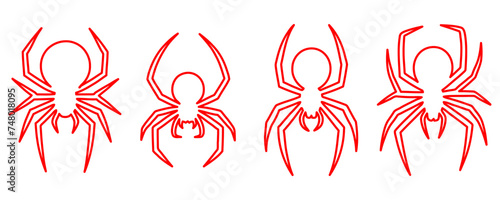 Set of red silhouette spider icon isolated on white background. Top,side and front view