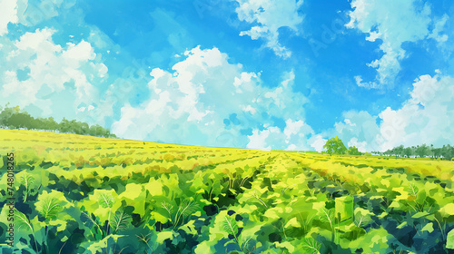 Fototapeta 青空と畑の水彩画
