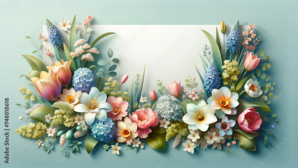 A lush, floral banner showcasing a variety of spring blooms with a tranquil background, perfect for a spring-themed layout. Space for Text A lush, floral banner showcasing a variety of spring blooms with a tranquil background, perfect for a spring-themed layout. Space for Text
