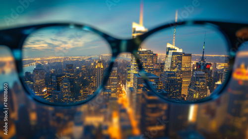 Glasses with sharp and blurred big city.