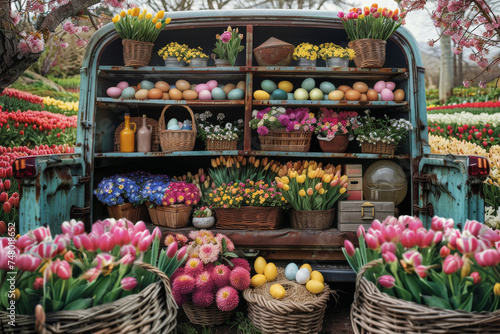An antique blue pickup truck showcases a colorful arrangement of spring flowers and Easter eggs in a pastoral setting. Designed for use as a seasonal greeting card, advertisement, or a photo backdrop.