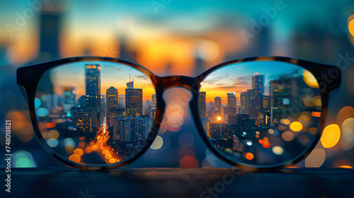 Glasses with sharp and blurred big city.