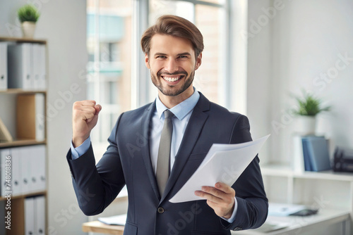 Successful Businessman Celebrates Financial Triumph: Rejoicing Over Concluded Agreement in Office Portrait