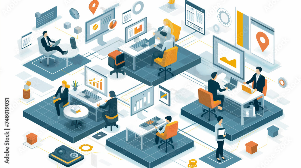 Isometric virtual office with business people working together and mobile devices business management, online communication and finance concept. Isometric virtual office with business people working together and mobile devices business management, online communication and finance concept.