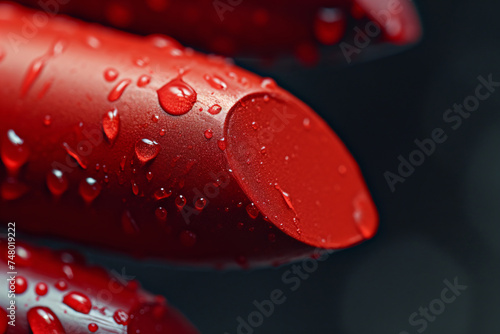 Macro photo of red lipstick covered in water droplets. Cosmetics for bright and fresh makeup. Concept for advertising cosmetics, beauty salon or makeup artist.