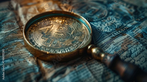 A magnifying glass enhancing the details of a Bitcoin coin on a financial newspaper background, symbolizing crypto analysis.