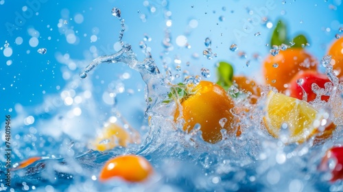 Close-up macro splashing water with fruits, with blue background and copy-space