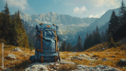 A trekking backpack placed on the ground against the stunning backdrop of the Alps mountains on a sunny day, symbolizing the essence of hiking and trekking adventures
