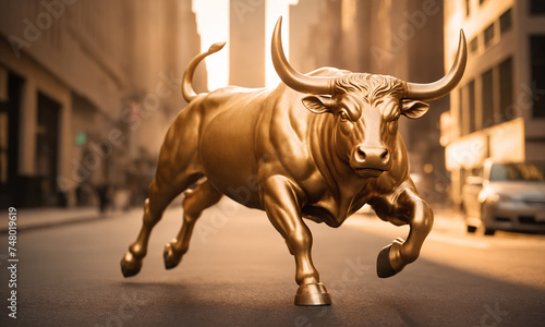 raging golden bull run on wall street in financial district - bull market concept