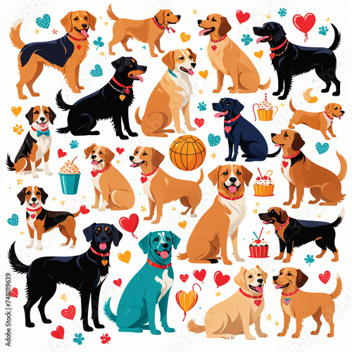 illustrations depicting a variety of dog breeds, dog interactions, and dog accessories. vector, flat design, white background © YEEKAZAR