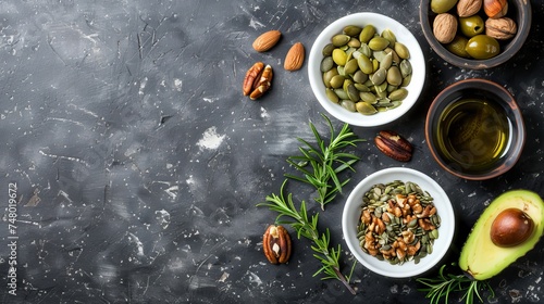 Assorted healthy fats foods with avocado, nuts, seeds, and olive oil on wooden table, copy space
