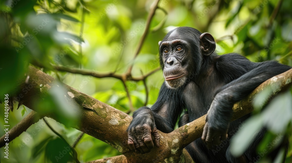 Chimpanzee, Bonobo on the branch of tree in natural habit