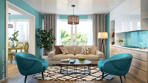 Modern interior design of cozy apartment, living room with beige sofa, turquoise armchairs. Room with window.