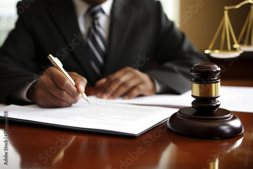 Notary signing legal document at the wooden table with a focused view on scales in the office
