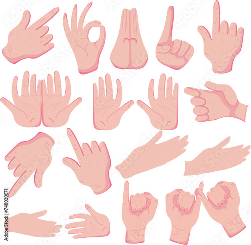 All type of hand emojis, gestures, stickers, emoticons flat vector illustration symbols set, collection