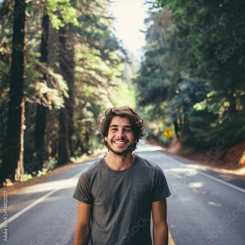 Happy man standing on road in front of trees