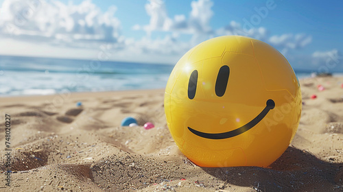 yellow kids ball with smiley face on sandy beach,happy summer holidays concept photo