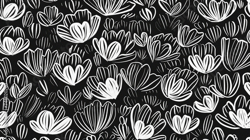 Flowers pattern, black and white, folk art pattern, hand-drawn photo