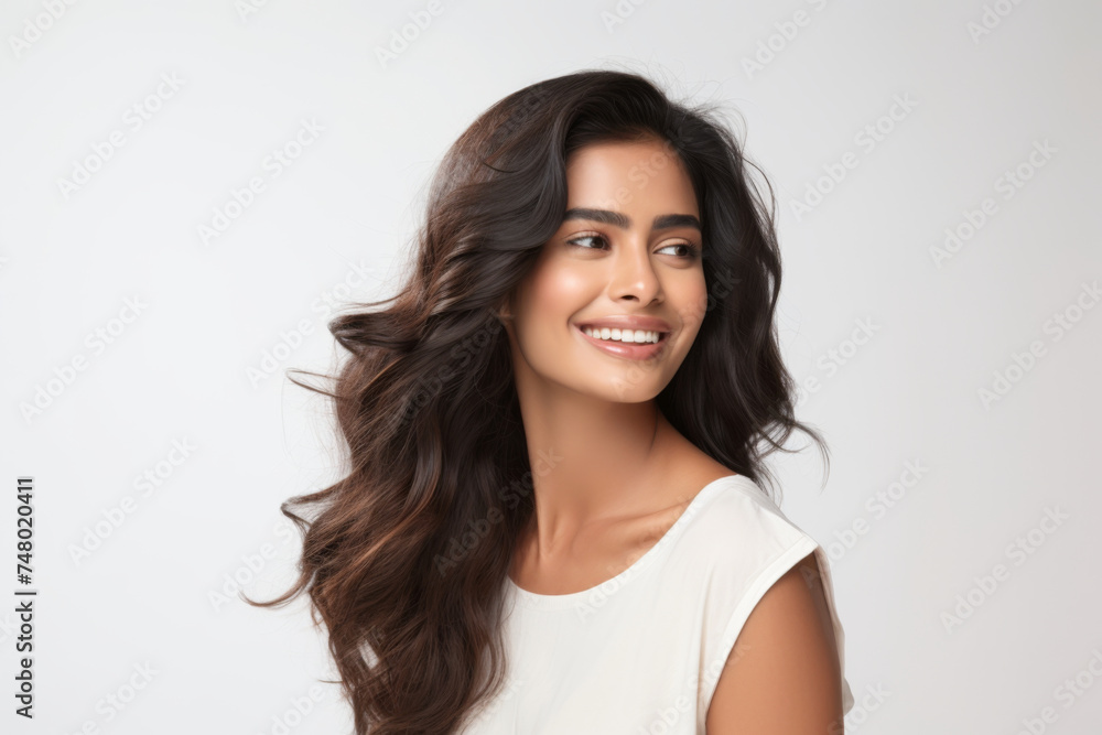 Portrait of a smiling young woman of Indian ethnicity having long flowing hair Portrait of a smiling young woman of Indian ethnicity having long flowing hair